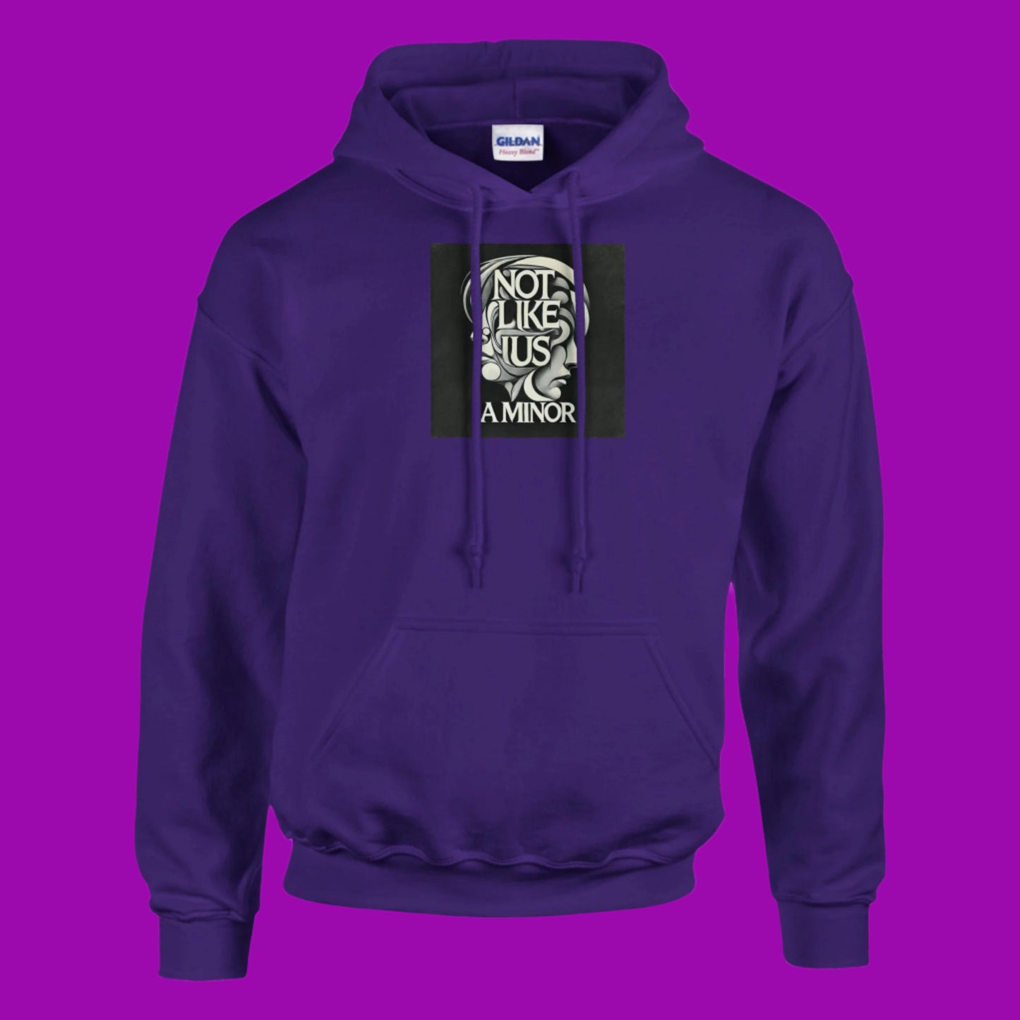 Purple hoodie sweatshirt with not like us a minor black printed on the chest pink background