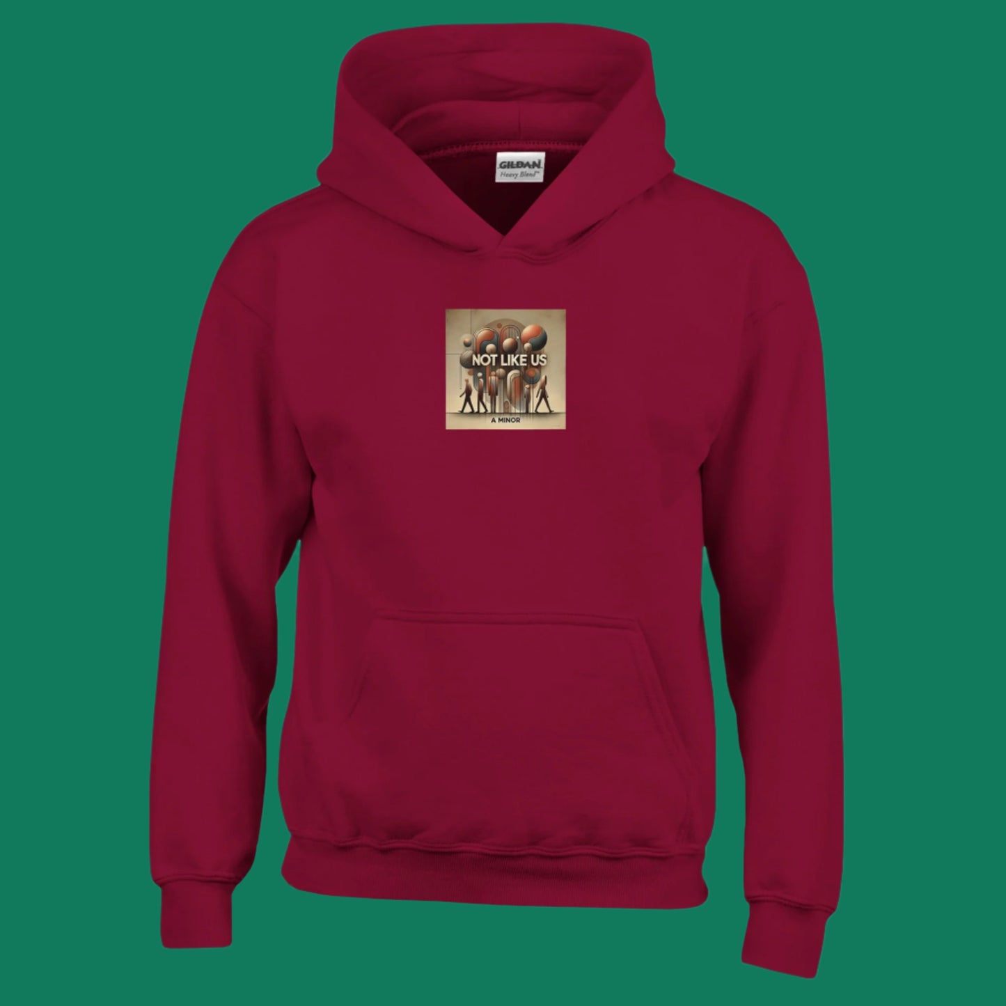 Red Hoodie sweatshirt with Not like us brown printed on the chest Pistachio colored background