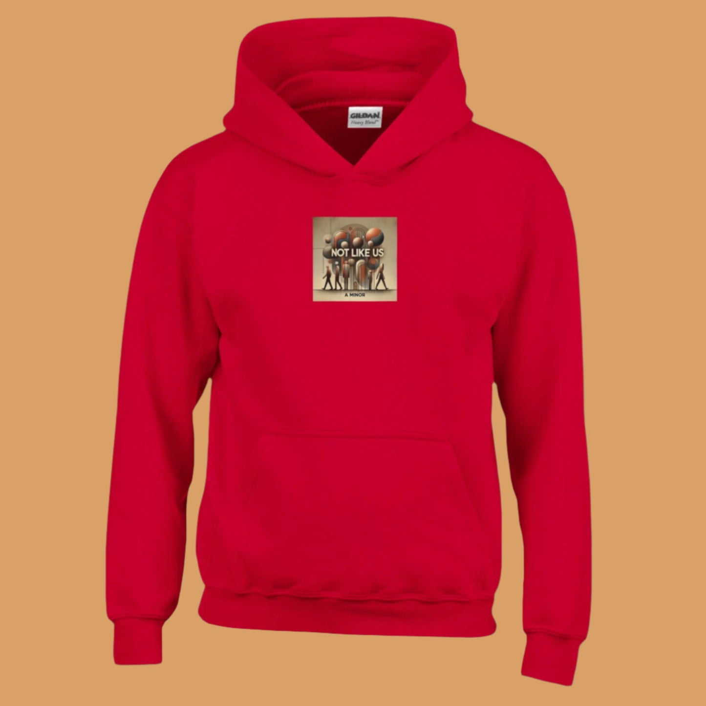 Red Hoodie sweatshirt with Not like us brown printed on the chest Taupe colored background