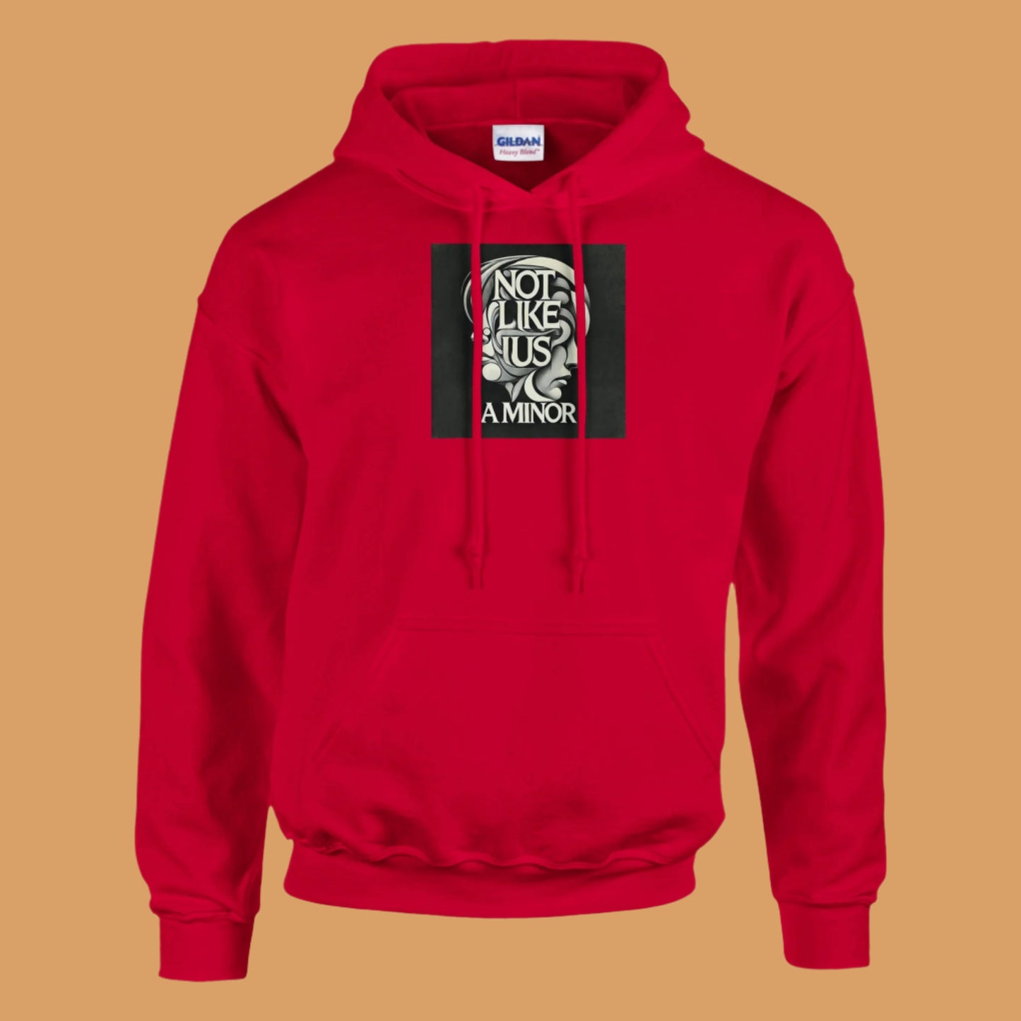 Red hoodie sweatshirt with not like us a minor black printed on the chest