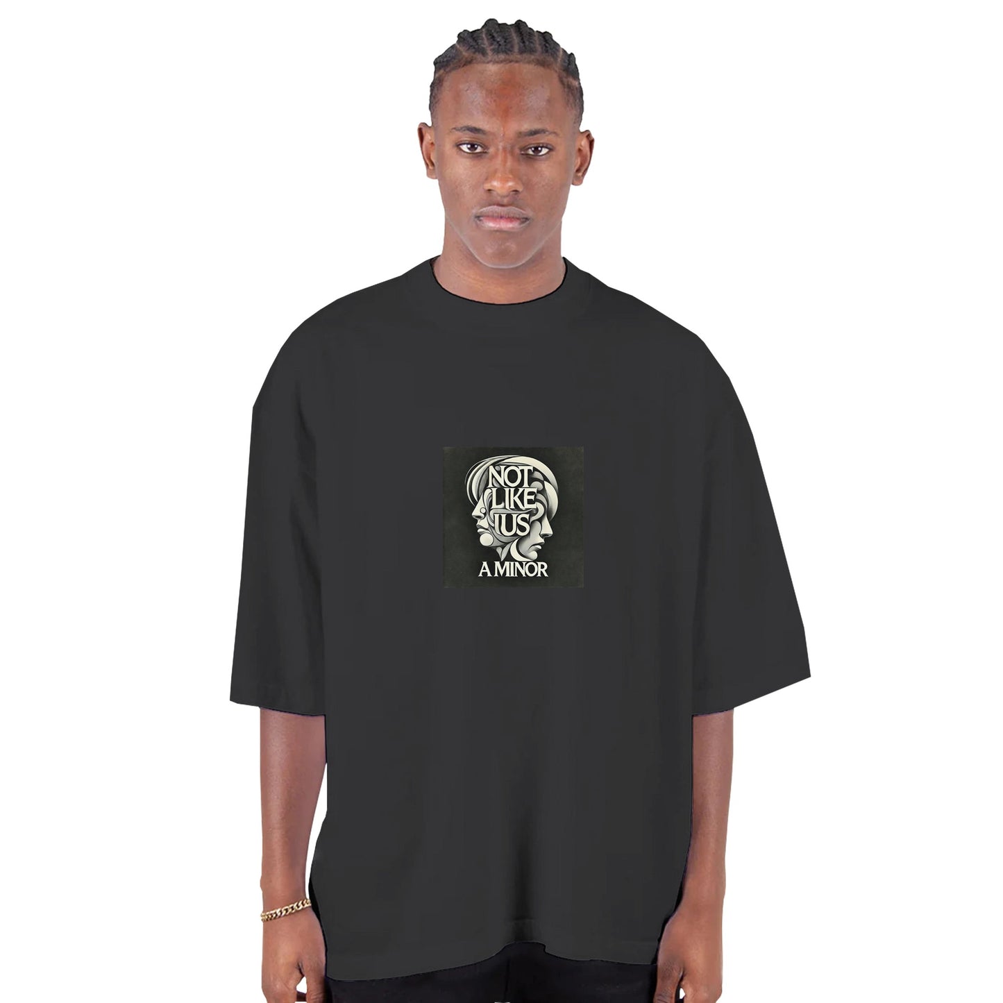 Shadow colored oversized T-shirt with not like us a minor black printed on the chest white background