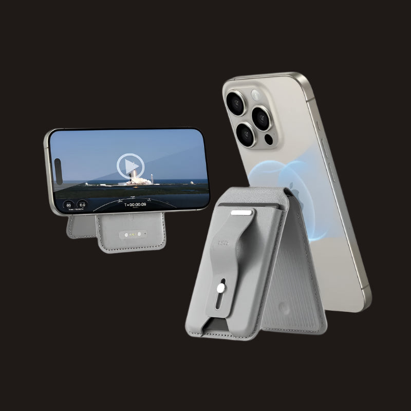 Silver Magnetic Card holder holding a Silver phone up in portrait position