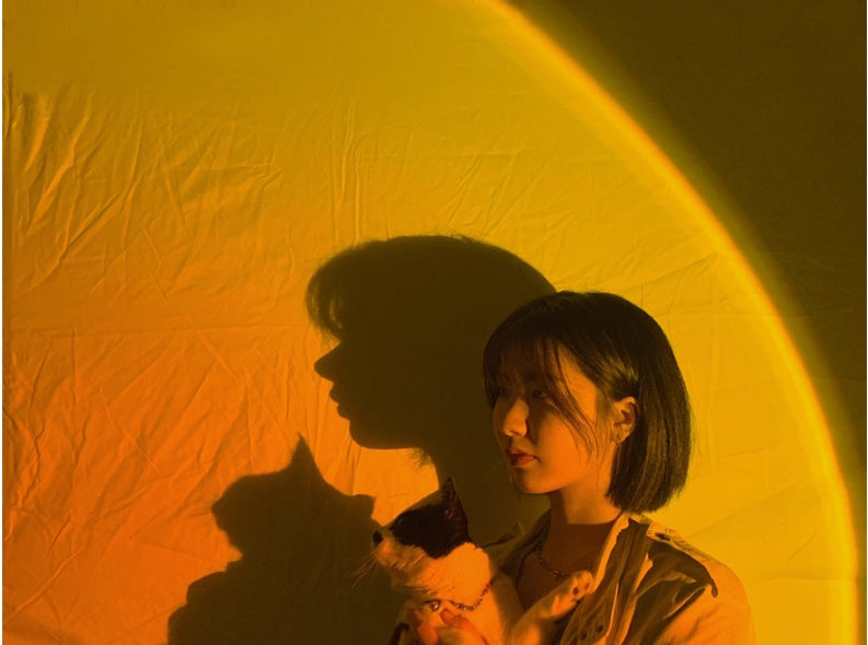 Smart Sunset Lamp light colors over woman and cat
