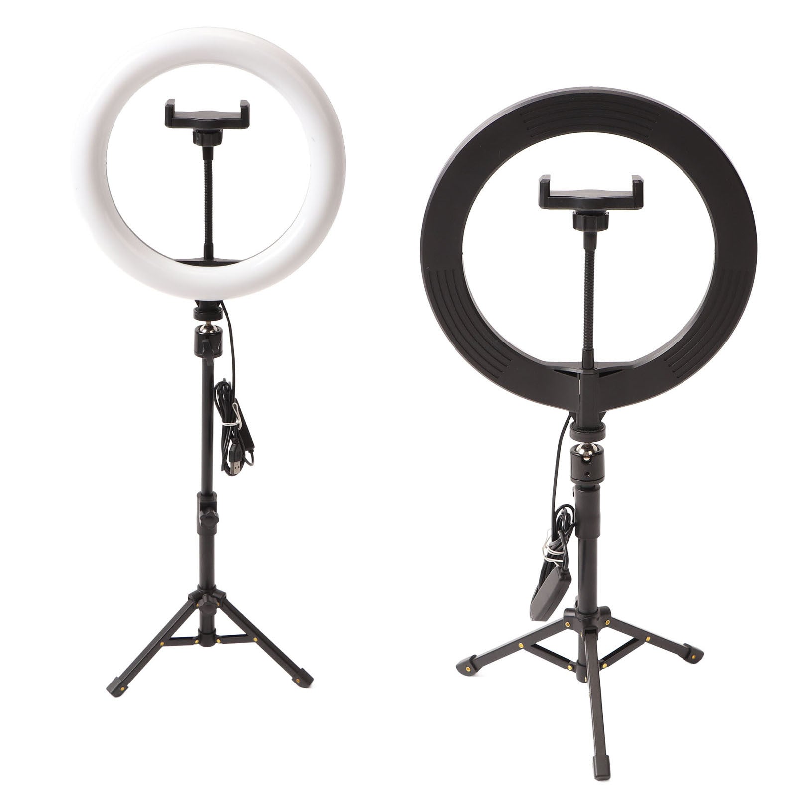 Two ring light tripods side by side