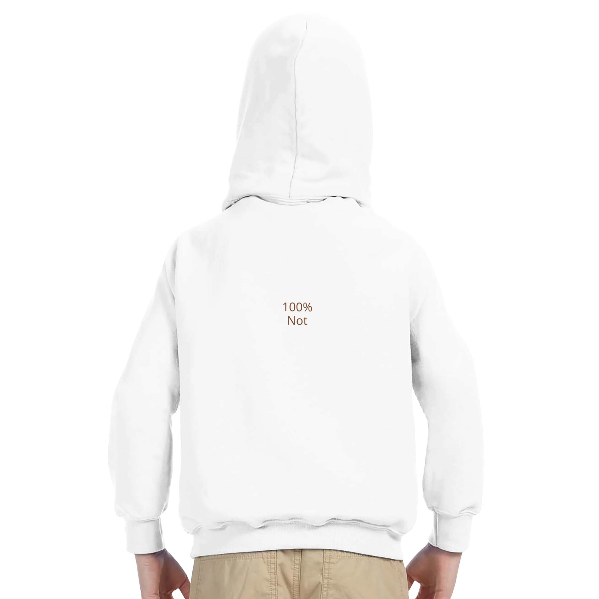 White Hoodie sweatshirt with 100% Not printed on the back white background