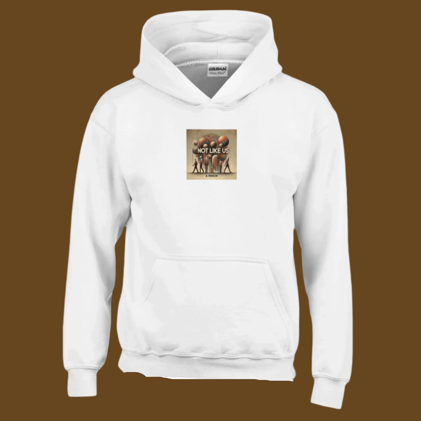 White Hoodie sweatshirt with Not like us brown printed on the chest brown background