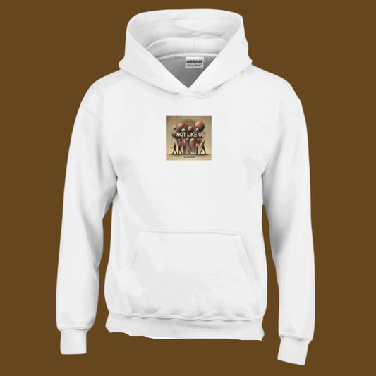 White Hoodie sweatshirt with Not like us brown printed on the chest brown background