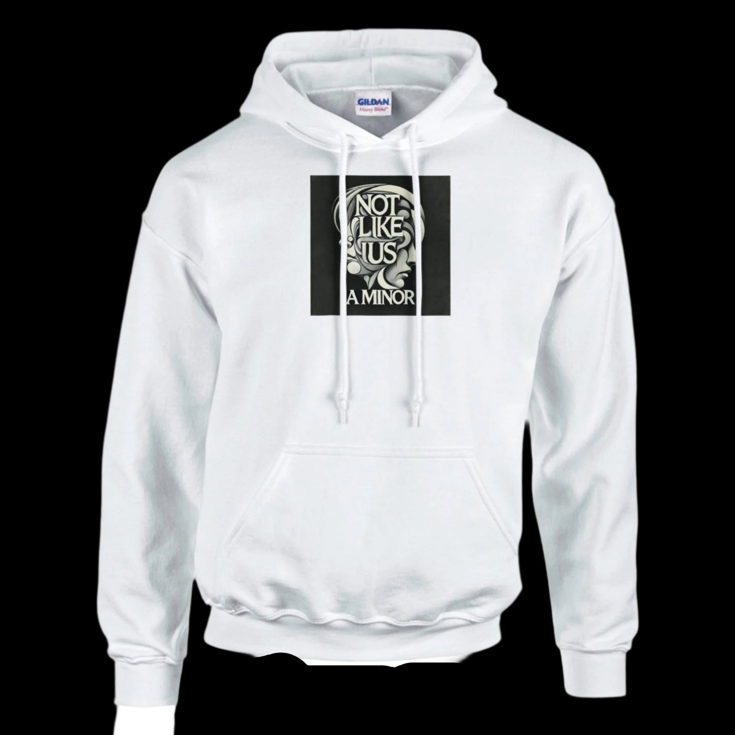 White hoodie sweatshirt with not like us a minor black printed on the chest black background