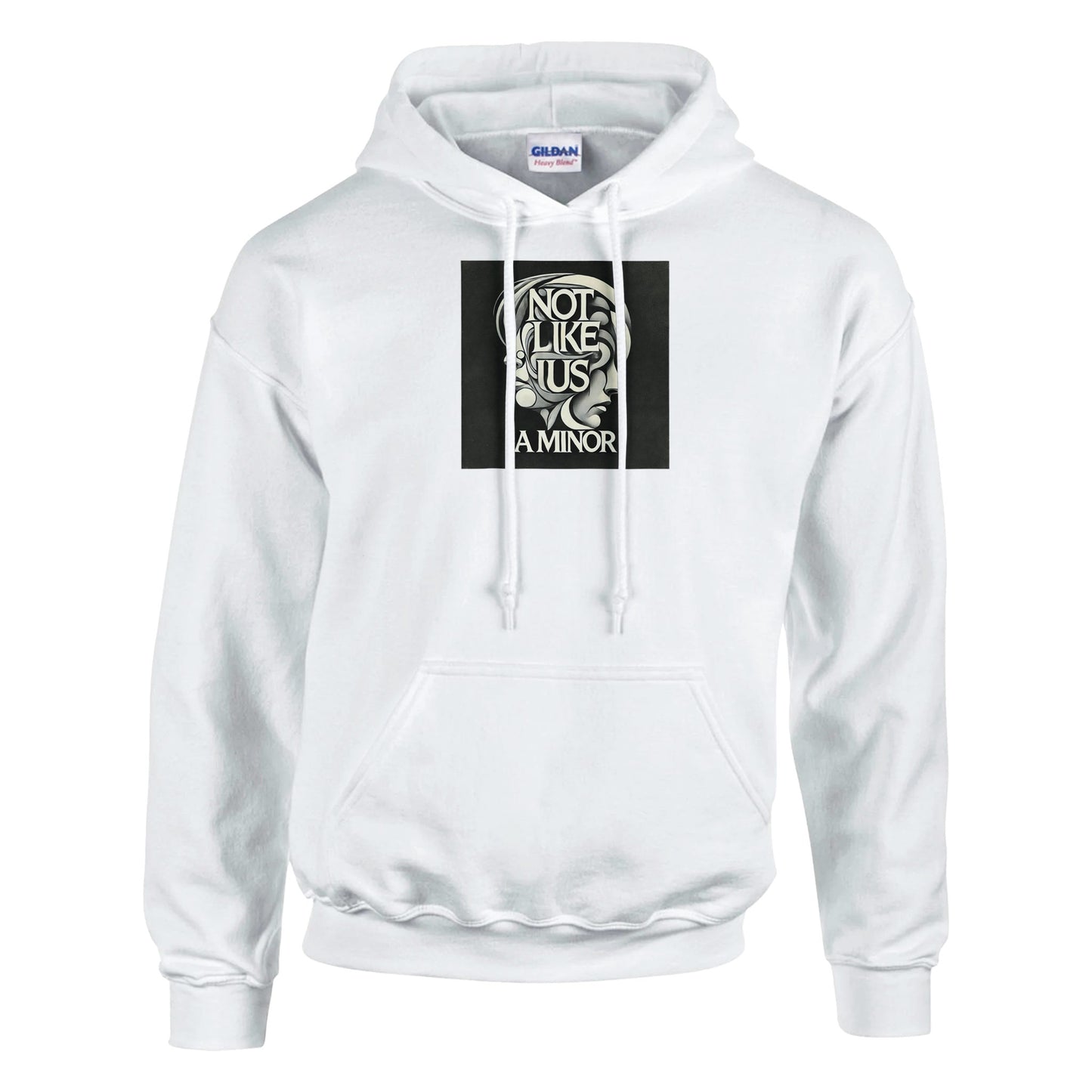 White hoodie sweatshirt with not like us a minor black printed on the chest white background