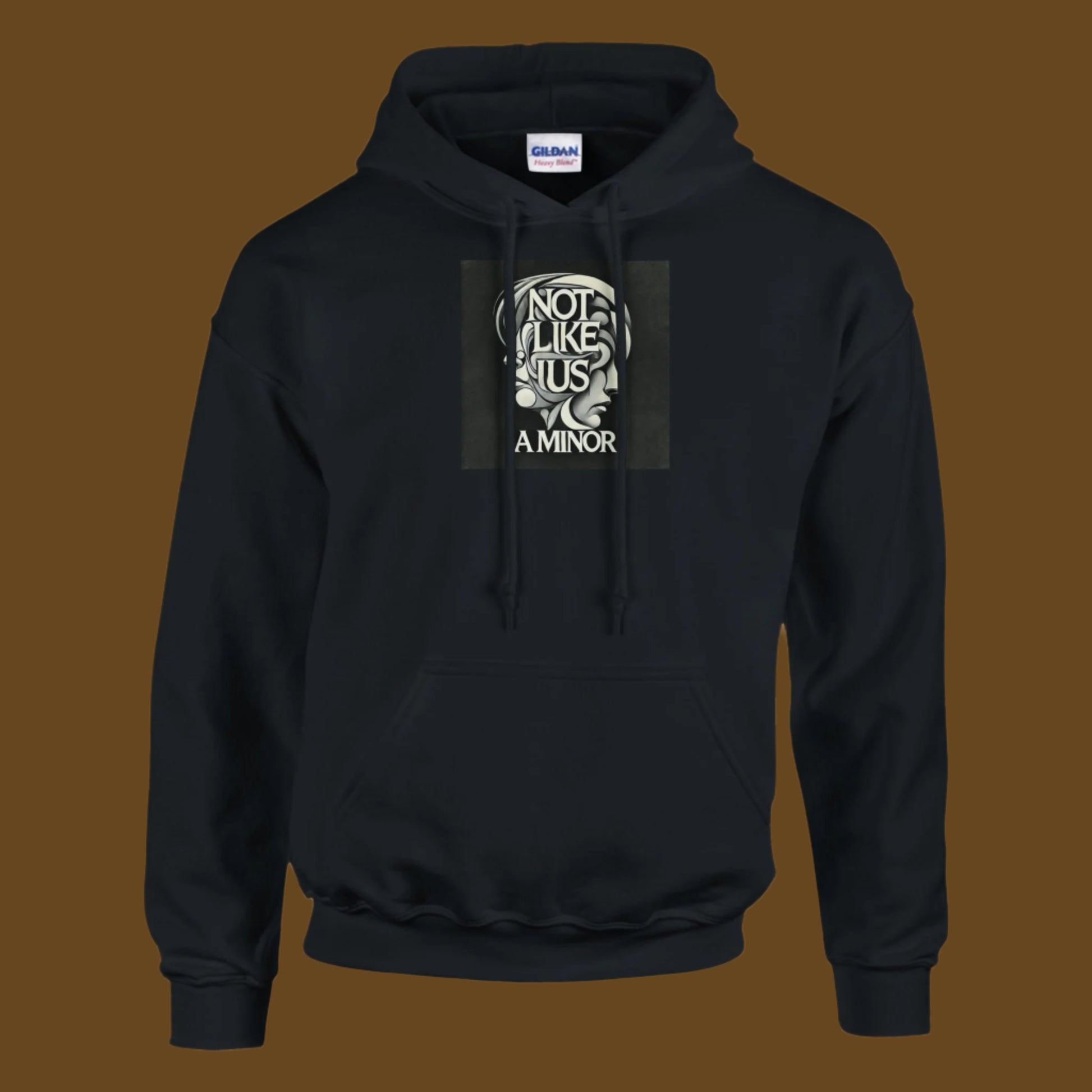 White hoodie sweatshirt with not like us a minor black printed on the chest brown background