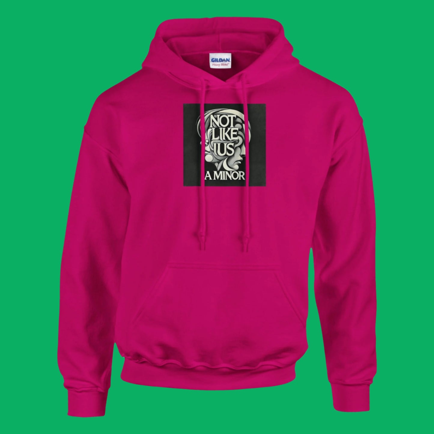Hot pink hoodie sweatshirt with not like us a minor black printed on the chest green background